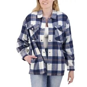 HFX Flannel Shirt Jacket Womens Plaid Blue White M Relaxed Pearl Snap Wool Blend
